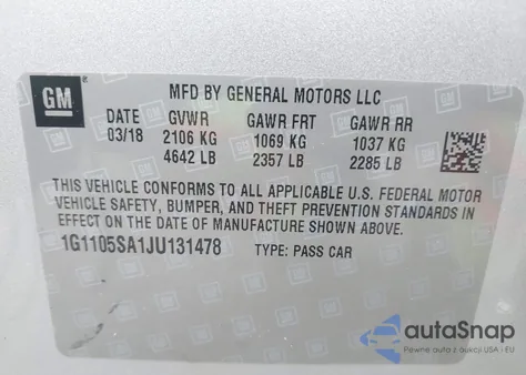 2018 Chevrolet Impala Lt из США, поврежденный, VIN 1G1105SA1JU131478